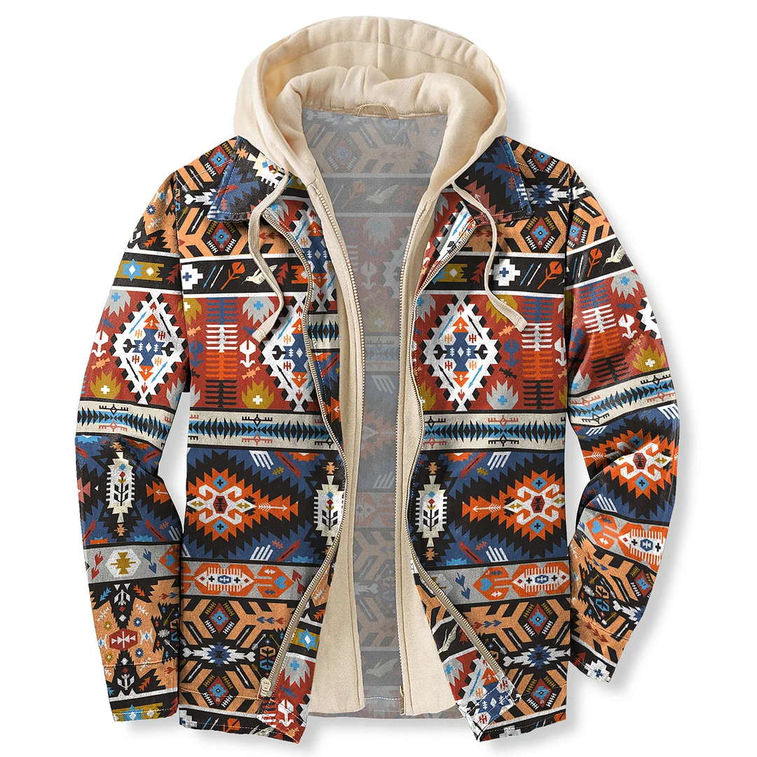 Men's Autumn & Winter Outdoor Casual Vintage Ethnic Print Hooded Jacket、、URBENIE