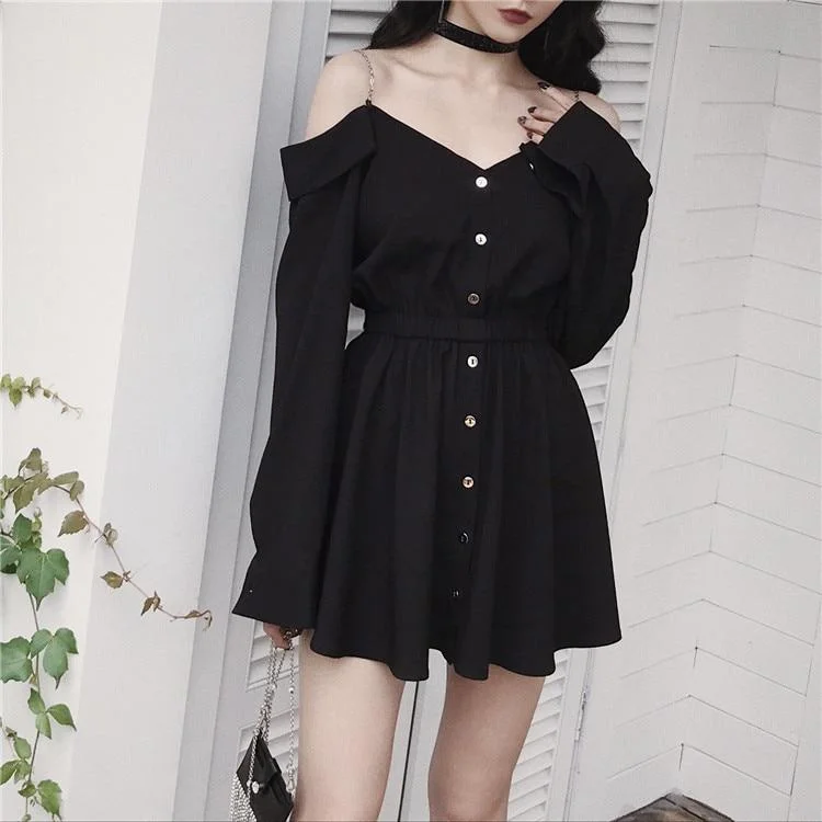 Goth Straped Long Sleeve Black Mini Dress