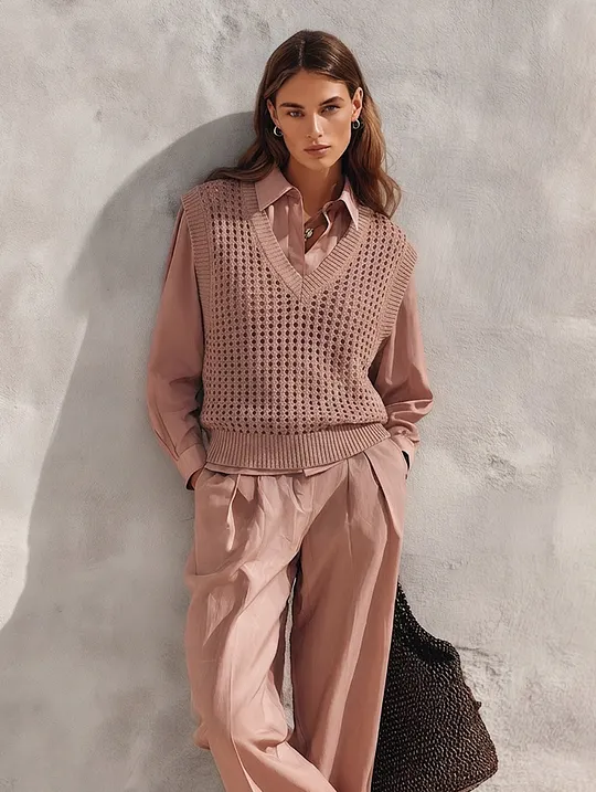 Women's Casual Dusty Pink Open-Knit Vest MD