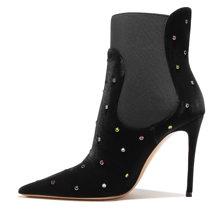 Rhinestone-Embellished Black Velvet Stiletto Chelsea Boots. Vdcoo