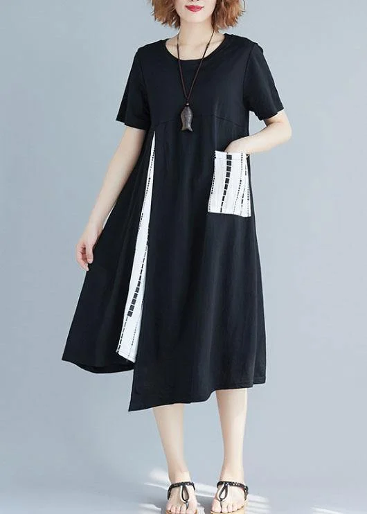 Modern patchwork white prints Cotton Tunics asymmetric hem short summer Dress