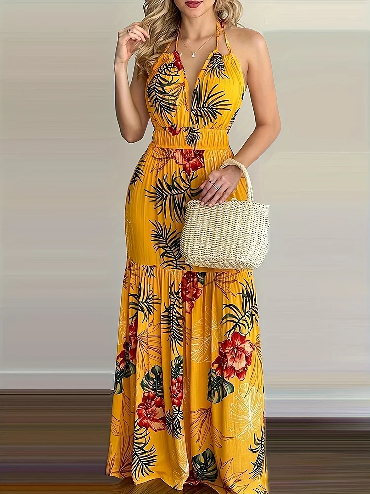Floral Print Halter Neck Dress, Boho Backless Halter Dress For Spring & Summer, Women's Clothing