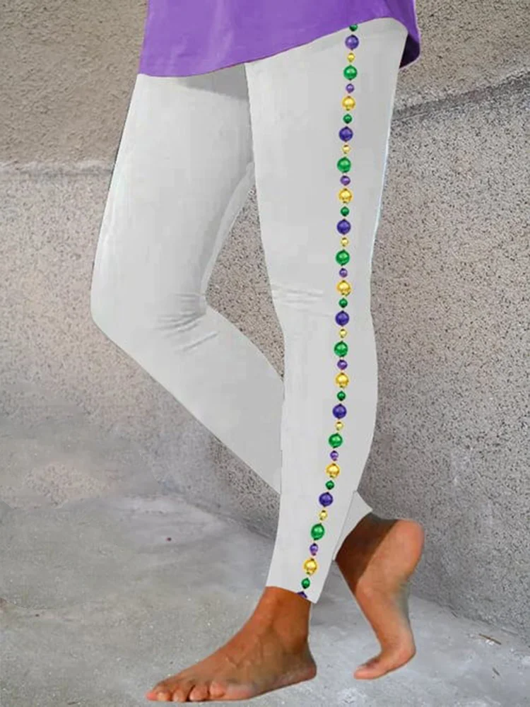 VChics Mardi Gras Beads Print Casual Cozy Stretch Leggings