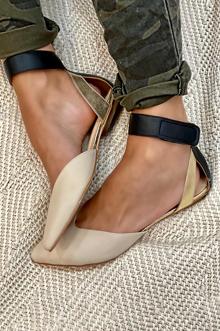 Colorblock Ankle Strap Hollow Out Pointy Toe Khaki Flats