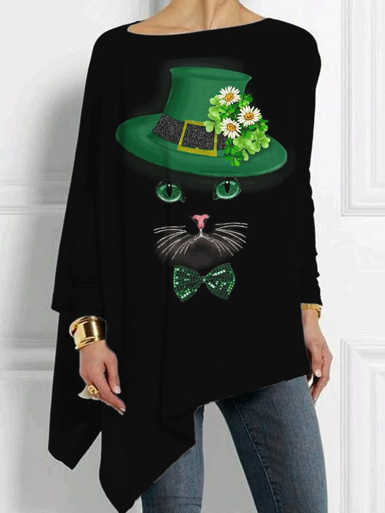 Comstylish St. Patrick's Day Shamrock And Cat Bat Sleeve T Shirt
