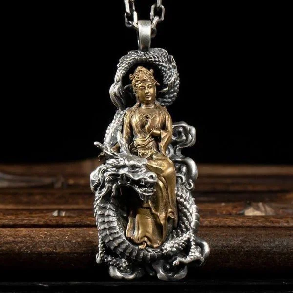 Sterling Silver Guan Yin Buddha Dragon Pendant Necklace