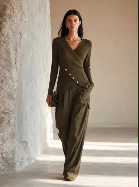 Women's Elegant Olive Knit Cotton Blend Wrap Wide-Leg Pants Set MD