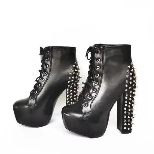 VCSHOES Punk Black Leather Spikes Platform Ankle Boots Round Toe Chunky Heels Party Club High Heels Short Boots Shoes