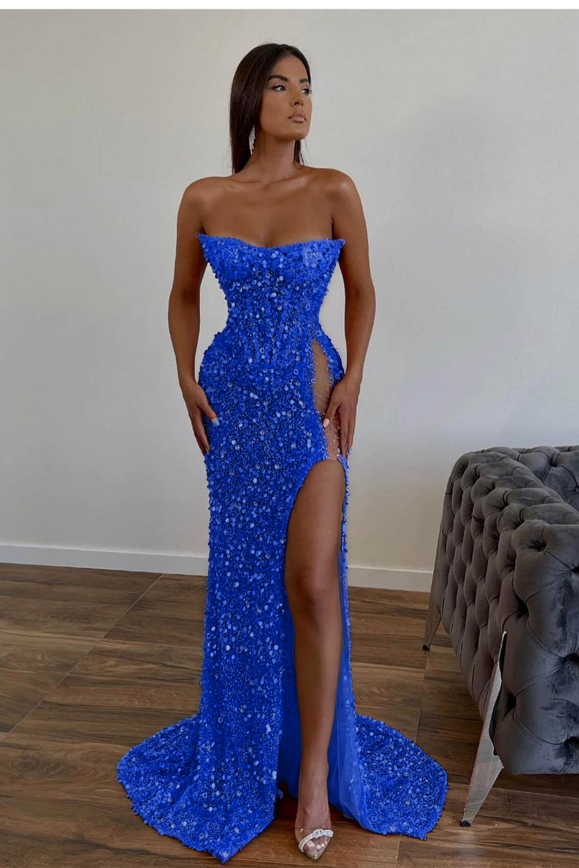 Daisda Gorgeous Sequins Mermaid Sweetheart Prom Dress Slit With Sleeveless Orange