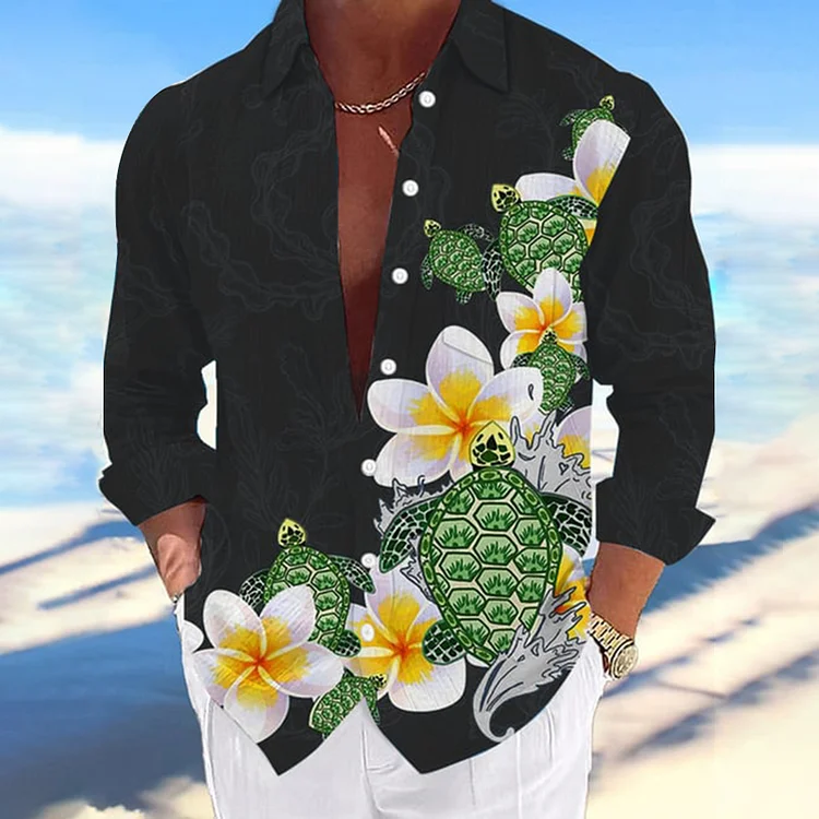 Men's Casual Floral Hawaii Turtle Pattern Long Sleeve Shirts