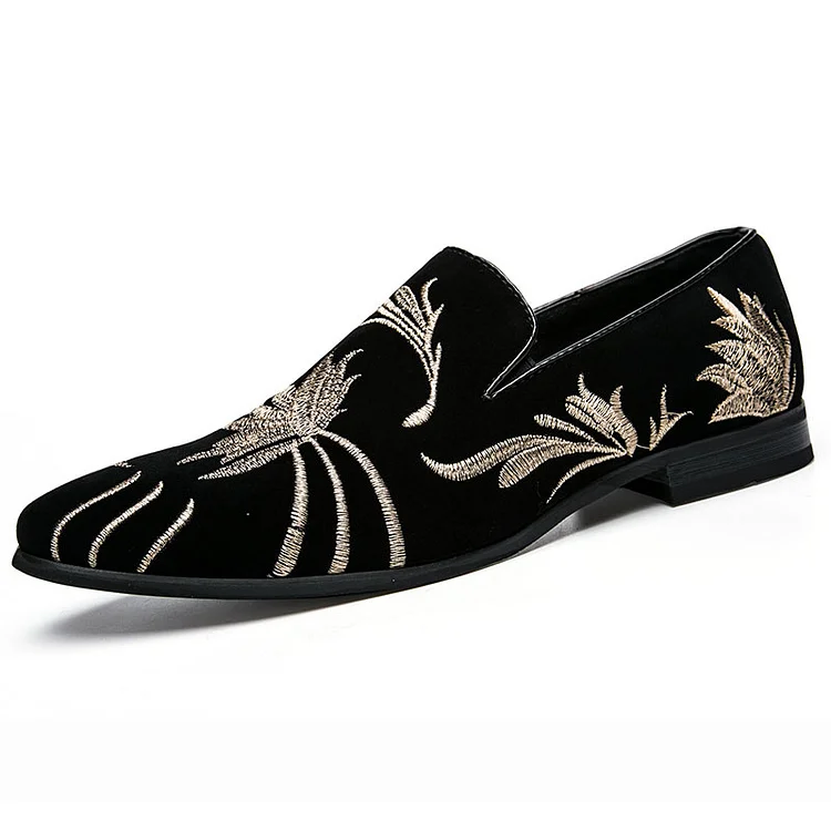 Faux Frosted Leather Embroidery Pointy Toe Slip-On Casual Loafers Shoes