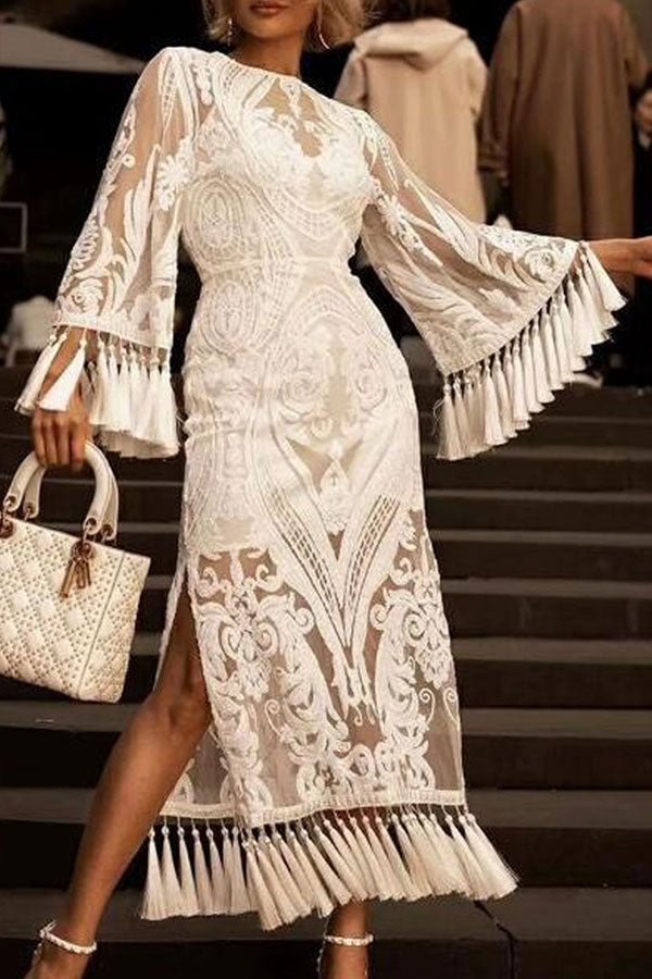 Embroidered Lined See Thru Tassel Dress - Chicaggo
