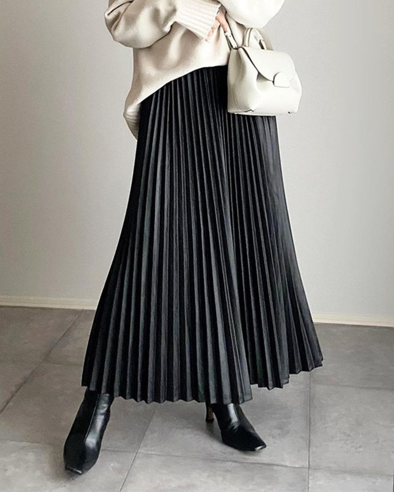 Pleated Design High Waist Solid Color Loose Midi Skirt