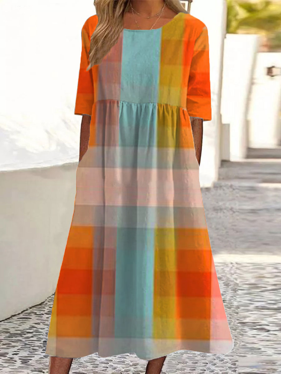 Women's Vintage Abstract Geometric Art Print Pocket Cotton Dress