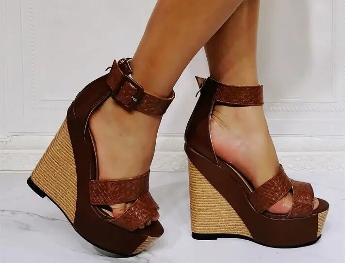 VCSHOES Big Size 52 Girls Brown Peep Toe Platform Big Buckle Wedge Sandals Woman Cover Heel Zipper Back Thick Sole Party Heels Sandals