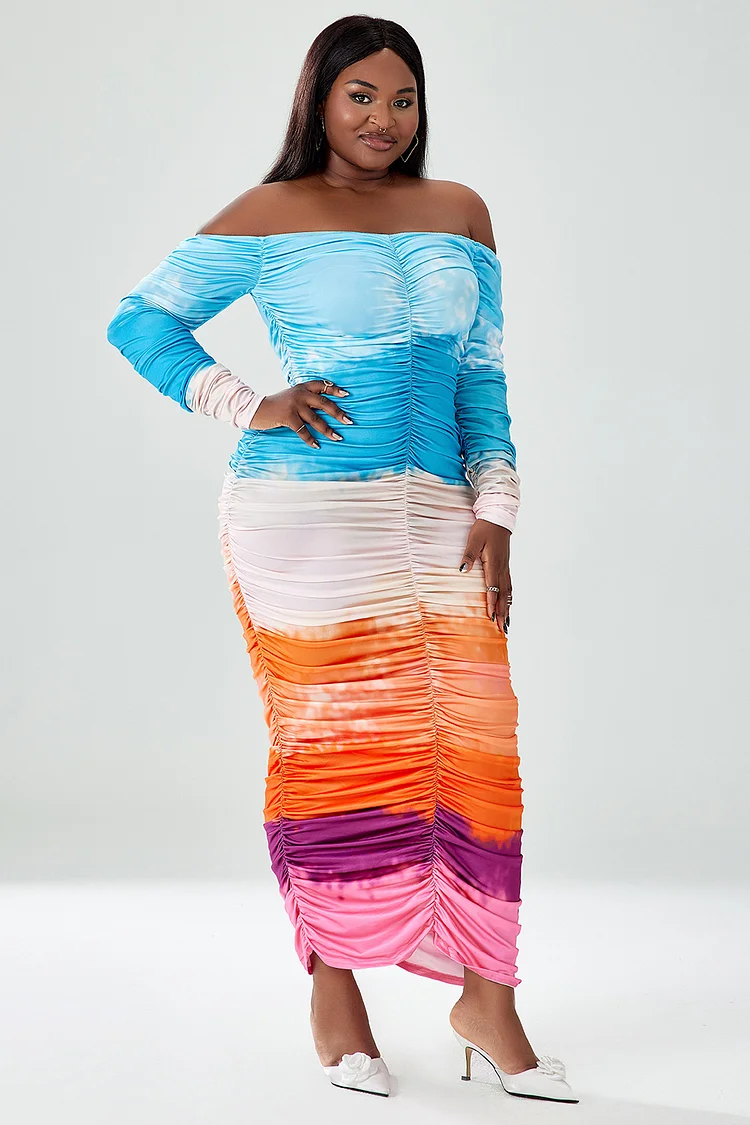 Plus Size Party Dress Multicolor Gradient Ruched Slim Fit Maxi Dresses