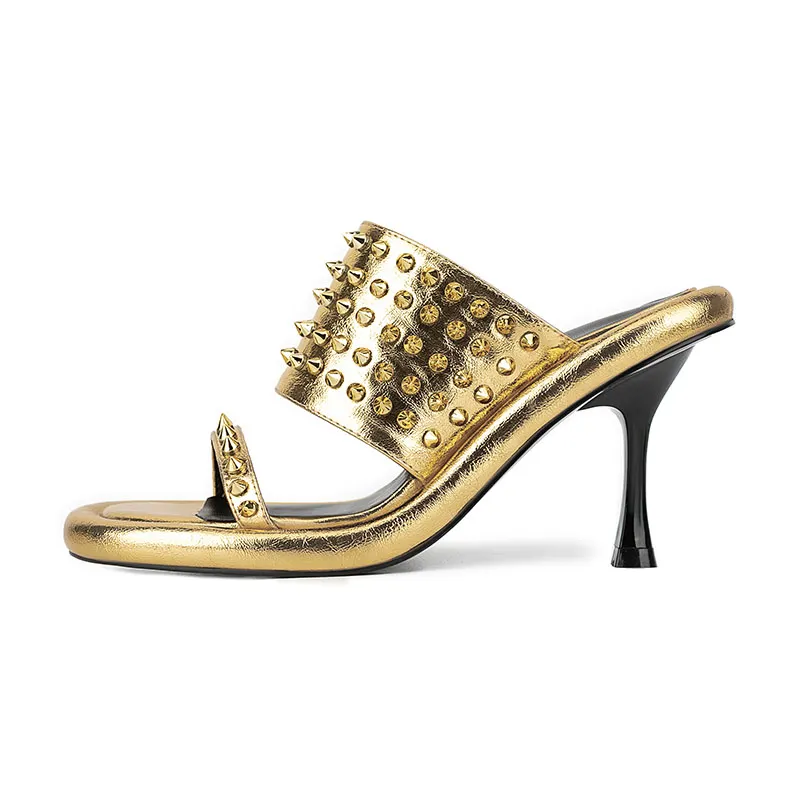VCSHOES Metal Leather Round Toe Open Toe Platform Stilettos Heels Rivet Word Slippers