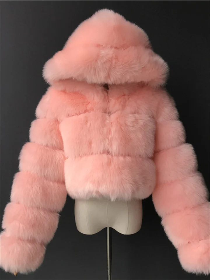 Women's Fur Coat Faux Fur Coat Hoodie Jacket Wedding Daily Outdoor clothing Fall Winter Short Coat Slim Casual Faux Leather Jacket Long Sleeve Solid Color Fur Light Pink Sapphire Navy