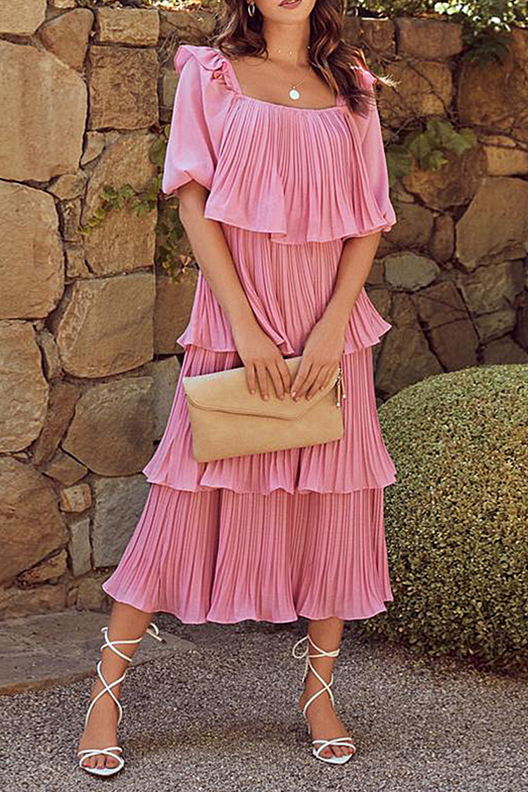 Casual Solid Flounce Off The Shoulder Cake Skirt Dresses(4 Colors) - Life is Beautiful for You - SheChoic