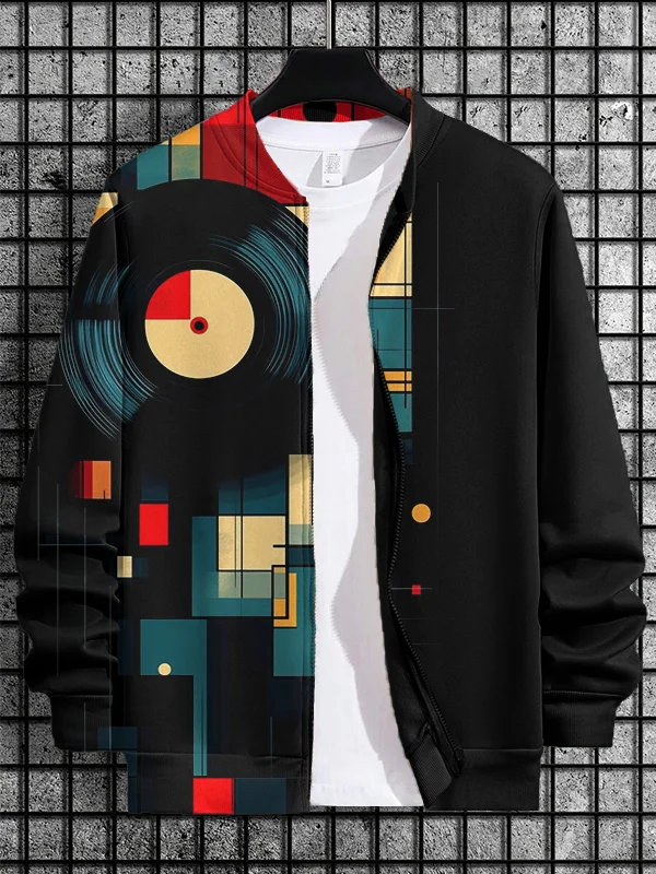 Men's Retro Vinyl Record Geometric Abstract Print Casual Zip Up Jacket