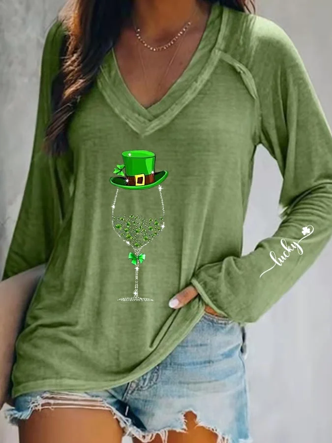 Women's St. Patrick's Day Shiny Wine Glass Lucky Shamrock Long-Sleeve T-Shirt socialshop