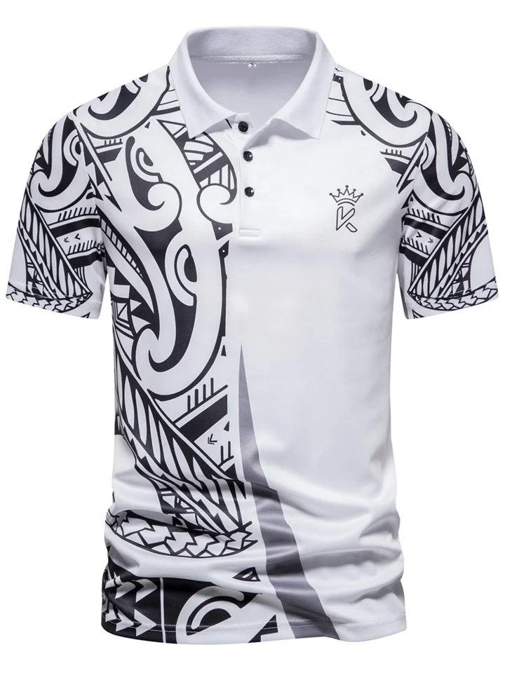 Men's Polo Shirt Golf Shirt Casual Holiday Lapel Short Sleeve Fashion Basic Print Button Front Summer Regular Fit Black White Polo Shirt-JRSEE
