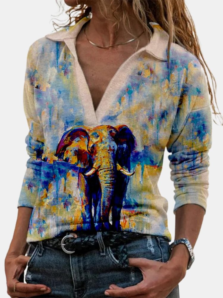 Cartoon Elephant Printed Long Sleeve V neck T Shirt For Women P1768942