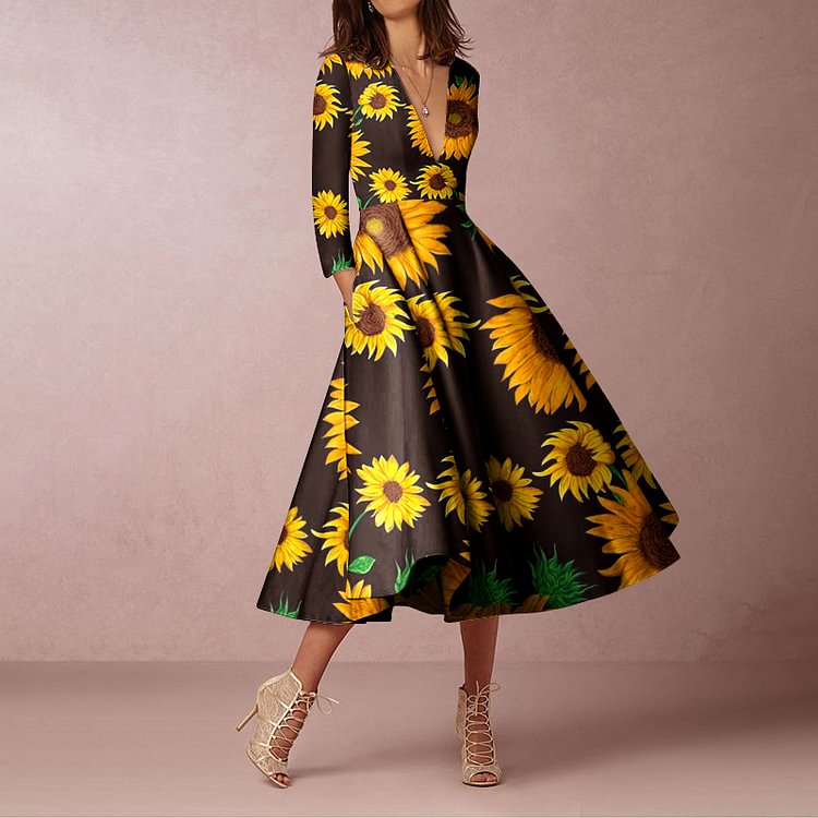 Casual Sunflower Print Swing Midi Dress