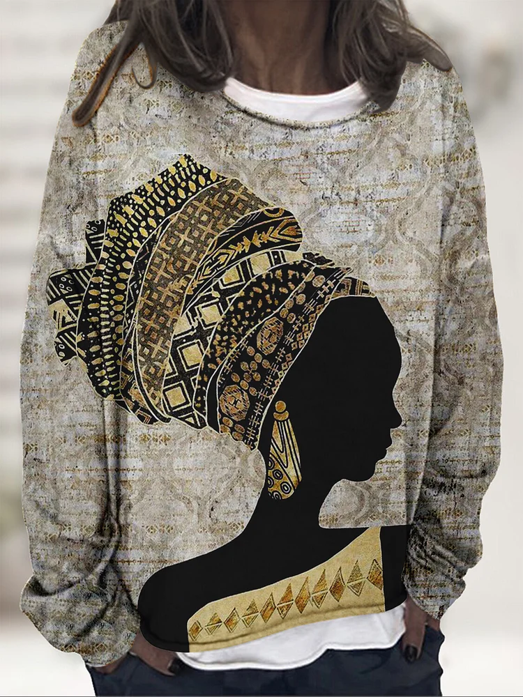 Women's Black Woman Vintage Print Long Sleeve T-Shirt