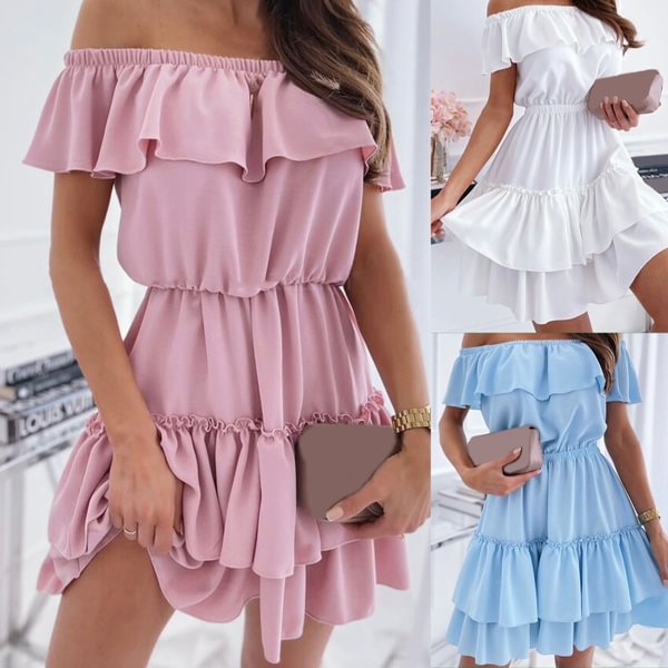 Women's Fashion One-line Collar Ruffled Off-shoulder Short Skirt Sexy Waist Dress - BlackFridayBuys