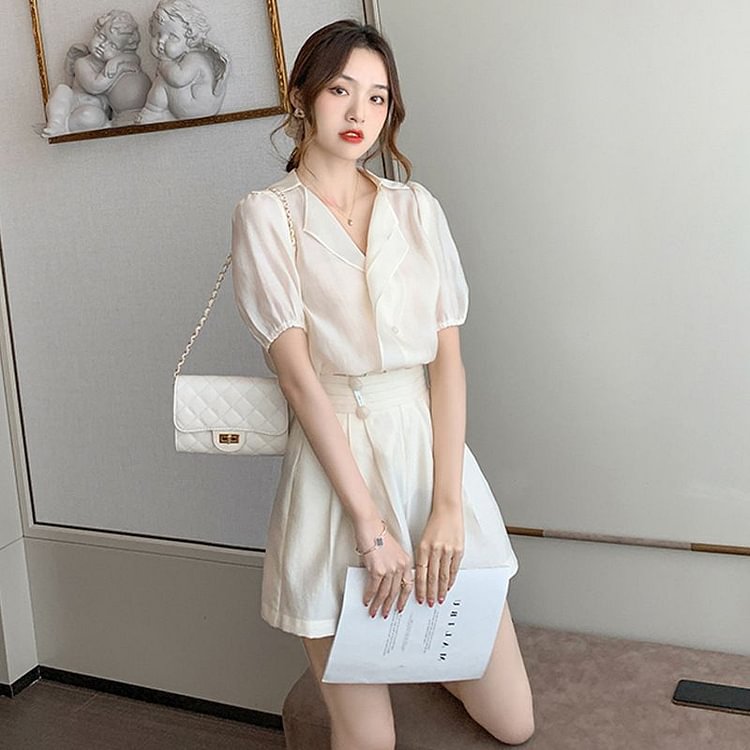 Set: Short Sleeve Notched Collar Shirt + Pleated Shorts YP3748