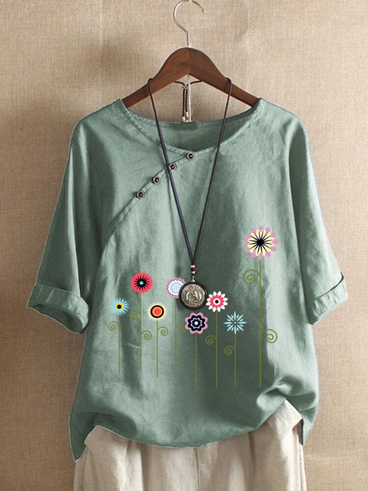 Cartoon Floral Printed O neck Button Short Sleeve T shirt P1706361
