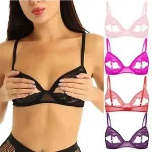 pornhint Pornhint Womens Sheer Lace Open Bra Spaghetti Strap Half Cups Bralette Cupless Shelf Bra