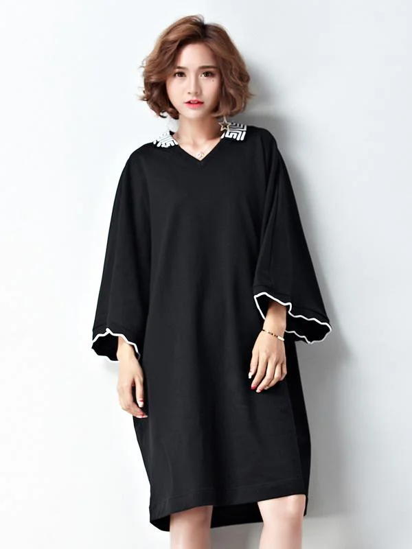 Loose Plus Size Split-Joint Black Midi Dress