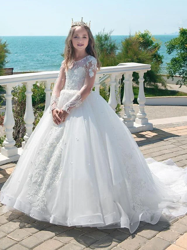 Daisda Ball Gown Long Sleeve Jewel Neck Flower Girl Dresses Lace With Lace Pleats Appliques
