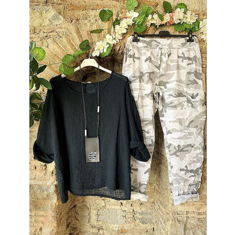 Long Sleeve Top Camo Shorts Two Piece Set socialshop