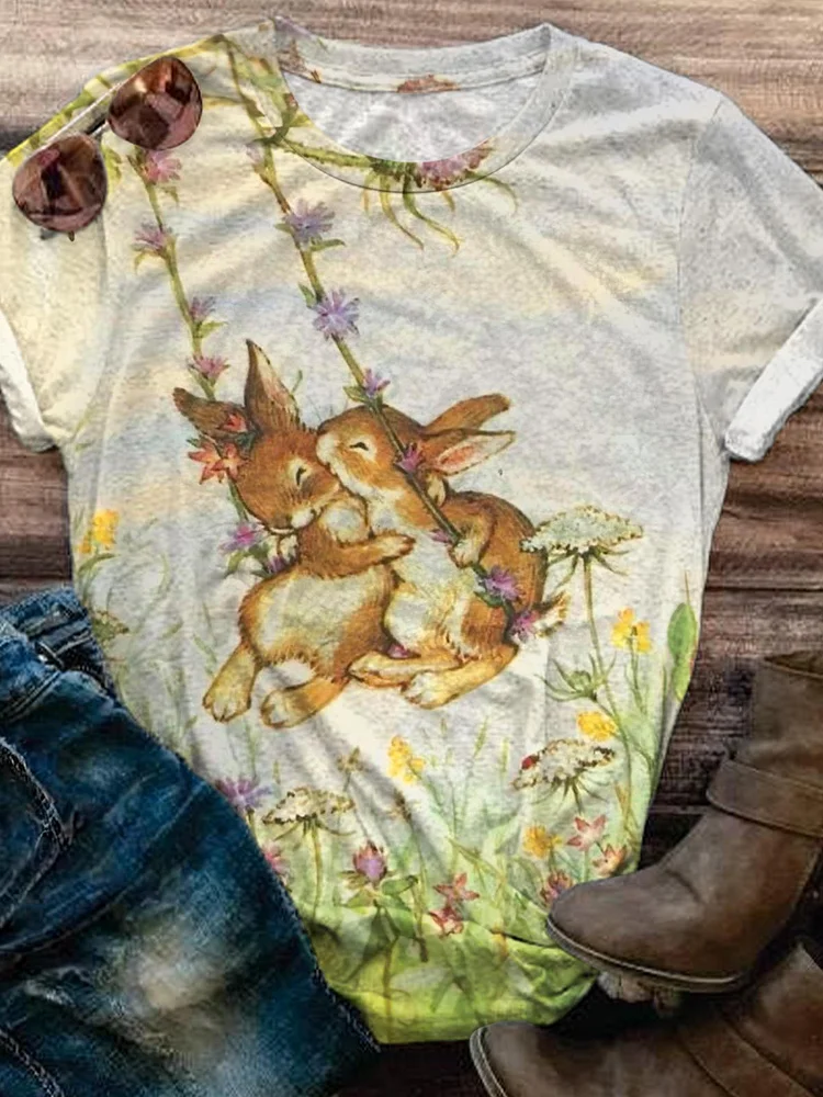 Vintage Bunnies On The Swing Crew Neck T-shirt