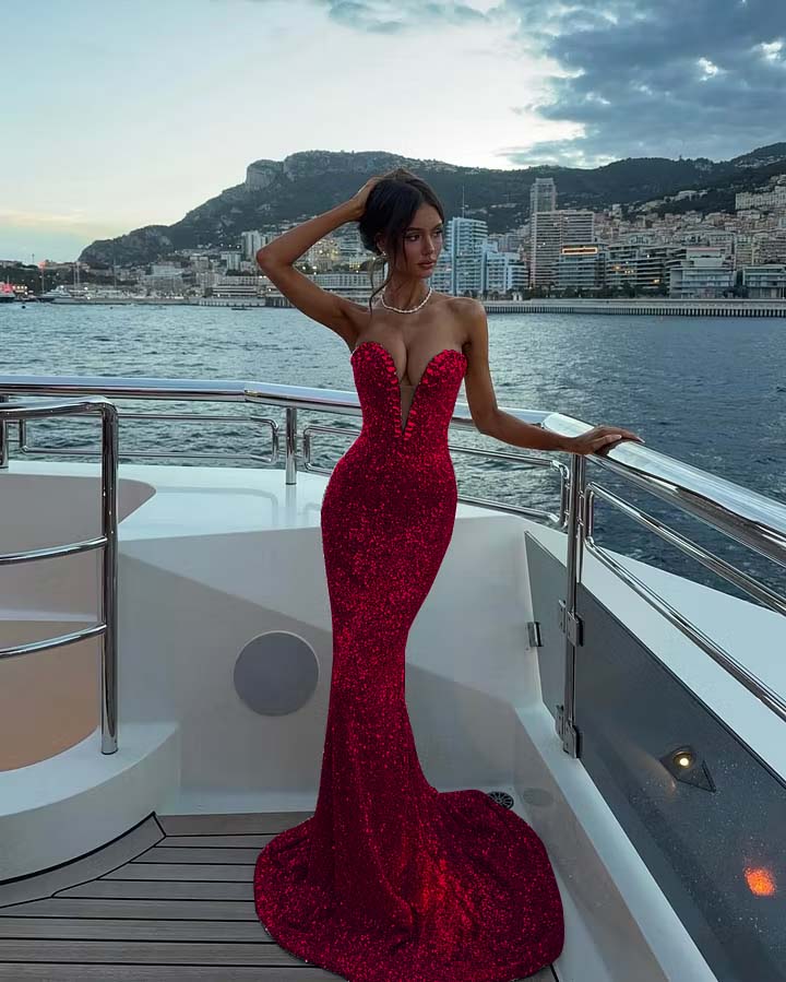 Daisda Dreamy Sequins V-Neck Sleeveless Strapless Long Prom Dress With Mermaid