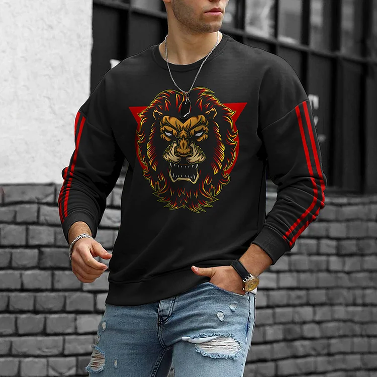 BrosWear Red And Black Contrasting Lion Print Crew Neck Sweatshirt