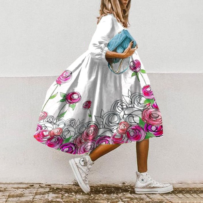 Comstylish Loose Rose Print Midi Dress