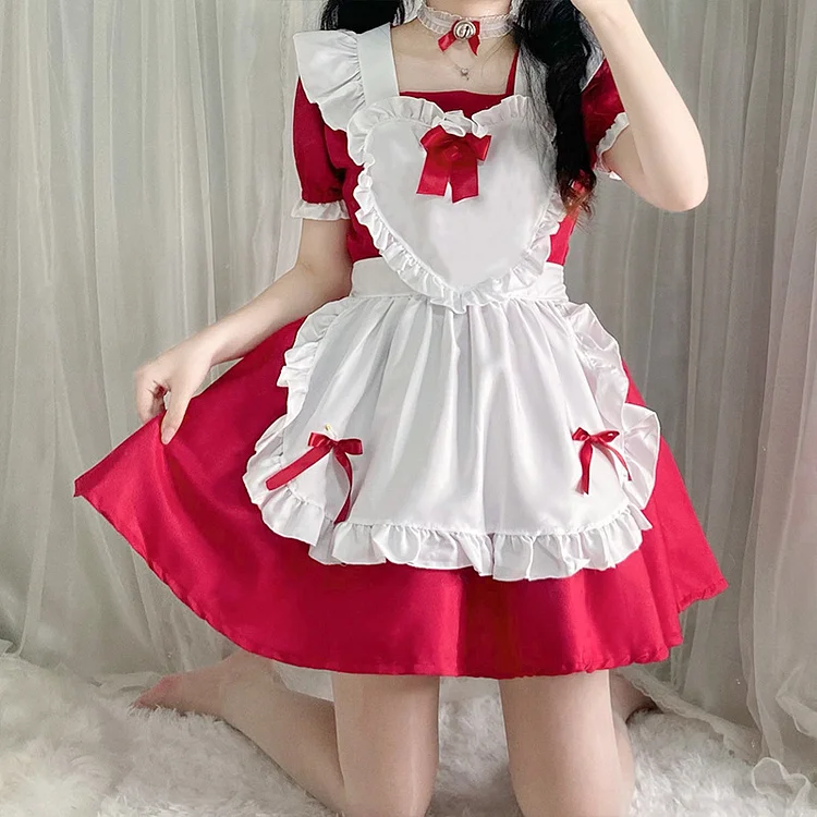 Cosplay Bubble Sleeve Heart Bowknot Square Neck Ruffled Mini Maid Dress