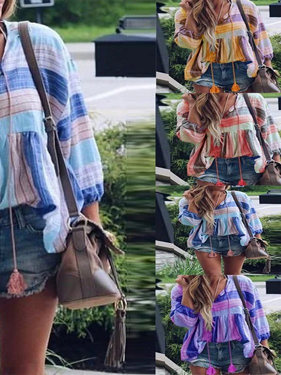 Tassel One Shoulder Large Trumpet Sleeve Print Tops Zaesvini