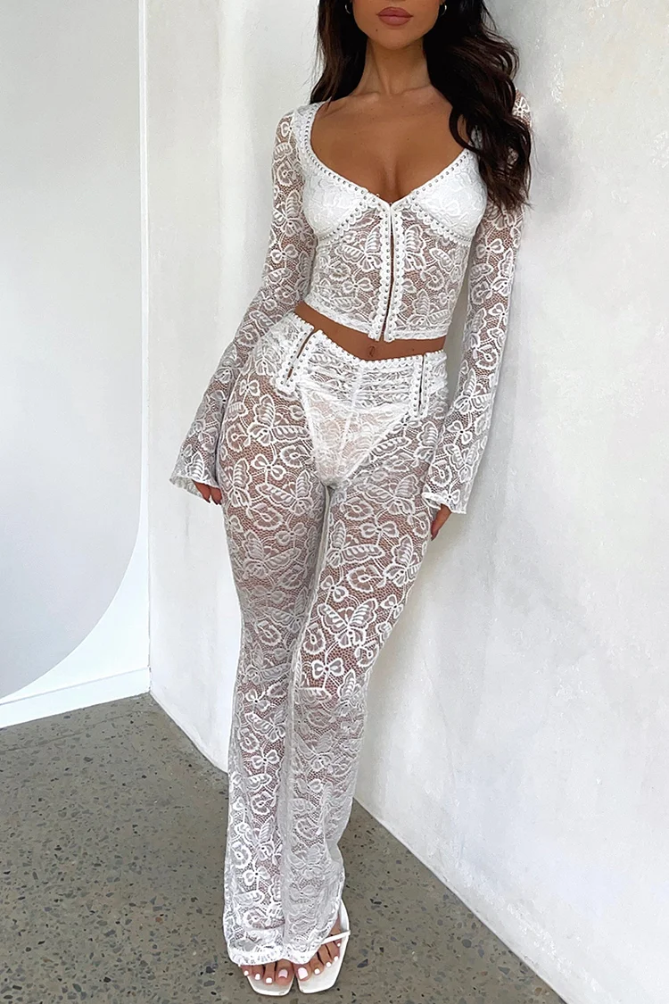 Deep V Neck Long Sleeve Crop Top Pants White Embroidery See Through Matching Sets
