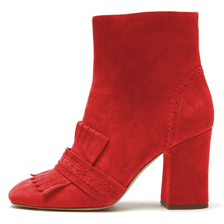 Red Fringe Chunky Heel Suede Boots Vdcoo