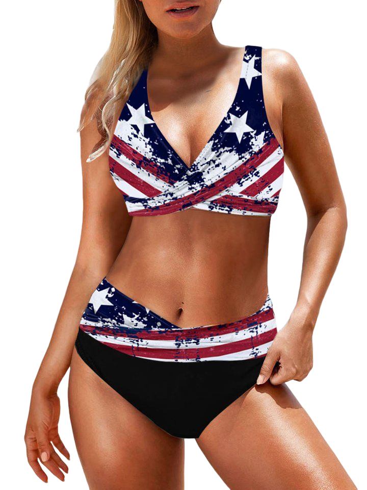 American Flag Print Lace Up Bikini Set