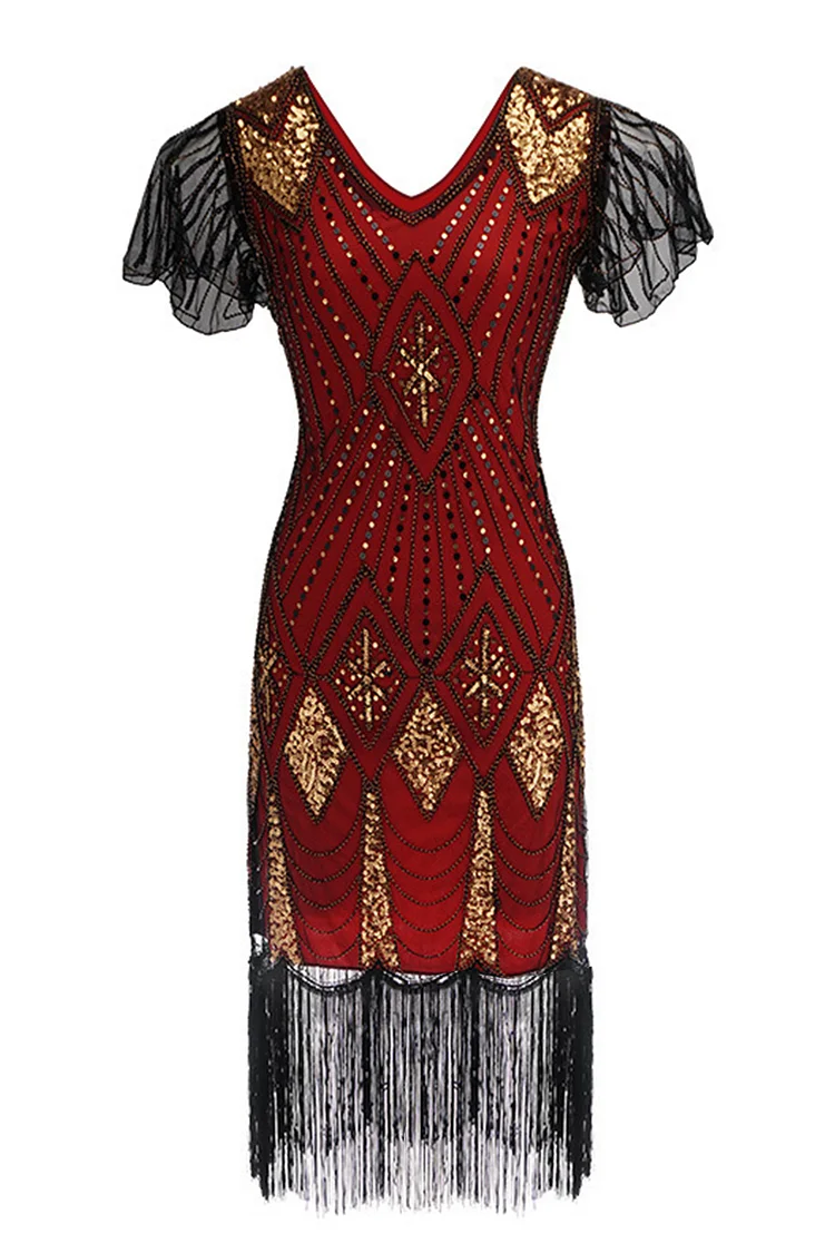 1920s Retro Beaded V Neck Mesh Fringe Gowns Midi Dresses