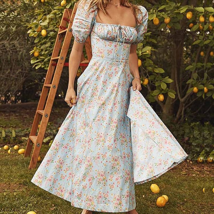 Floral Print Puff Sleeve Tie Front High Split Dress Women Ruched Drawstring Party Long Dress Vestidos Sundress