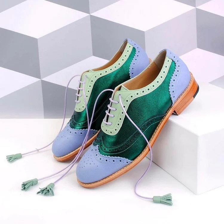 Green and Blue Lace-up Wingtip Shoes Flat Brogues Women's Oxfords |FSJ Shoes