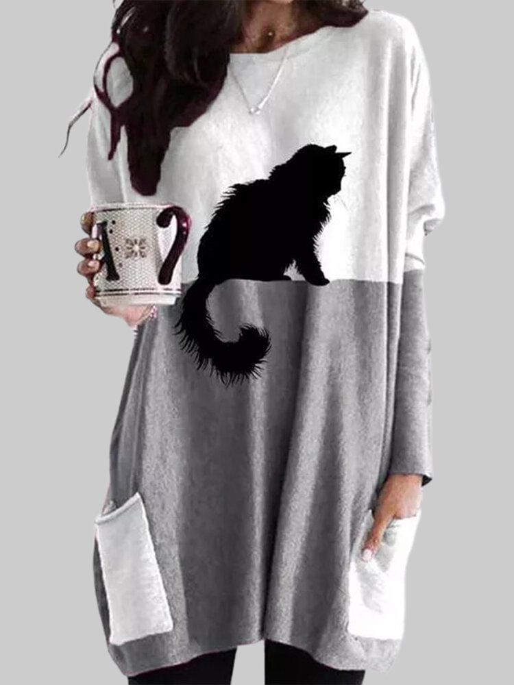 Cat Print Patchwork Long Sleeve Casual Blouse For Women P1775955