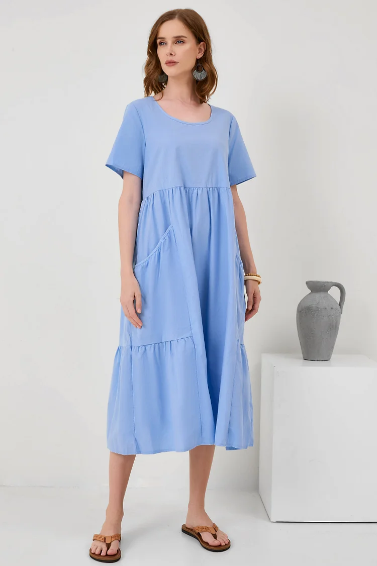 Solid Color Short Sleeve Loose Crinkled Cotton Linen Pocket Dress[ Pre Order ]